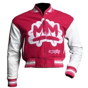 แจ็คเก็ตวาร์ซิตี้แบบครอปสำหรับผู้หญิง ผ้าผสมขนสัตว์ แขนตัดสีตัดกัน ปิดกระดุมแบบสแนป ขอบยางยืด สไตล์สตรีทแวร์ - Product Image 1