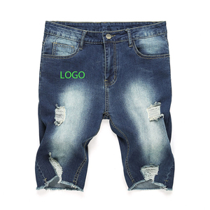 Wholesale Summer High Street <b>Men's</b> Baggy <b>Shorts</b> Custom Logo Label Premium Solid Color Denim Mid Straight Knitted Light Dark - Product Image 2