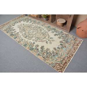 Alfombra de lana turca vintage de 3,8x8,5 pies, tejido plano de retazos beige y azul para decoraciones de sala de estar con respaldo de látex - Product Image 3