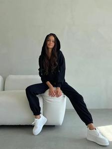 Survêtement Femme Sweatshirts à capuche zippés Poches solides Taille élastique Pantalon droit Deux pièces Ensembles épais Sports Casual - Product Image 6