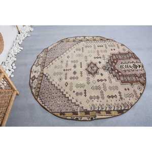 พรมวินเทจขนาด 4.6x4.7 ฟุต พรมกลมสไตล์ตุรกี พรมลายต้นไม้และพืชสีเบจน้ำตาล - Product Image 4