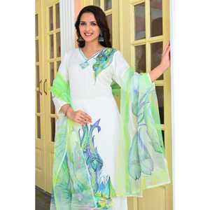 White & Seafoam Women's Set Hand Painted <b>Mirror</b> Work Muslin Kurta with Trousers & Organza Dupatta - Product Image 1