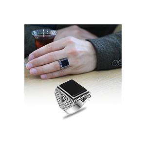 Anello da uomo rettangolare nero in pietra onice Design italiano 925 in argento Sterling - Product Image 1