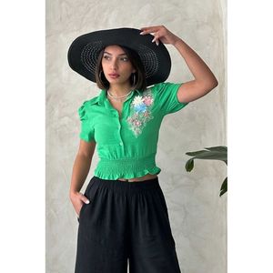 Chemisier boutonné Topshow pour femme, vert pistache, 100 % lin, avec détail floral sur la poitrine, style décontracté d'été, pour la vente en gros - Product Image 1