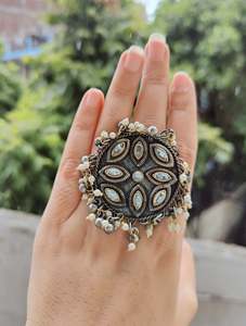 Unparalleled Oxidised Silver <b>Statement</b> Mirror Fashion <b>Rings</b> Women's Stylish Accessory Silver Plated Odisha's GONASIKA Made India - Product Image 2