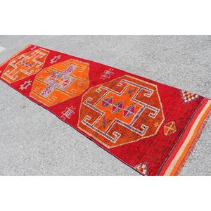 Vintage <b>Runner</b> Rug, 2.8x10.1 ft Turkish Rug, <b>Red</b> Herki Wool Rug - Product Image 4