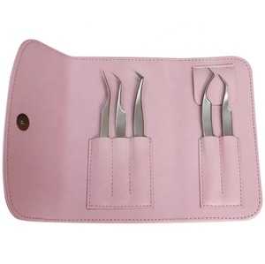 Kit de pinces à cils en acier inoxydable avec étui en cuir PU rose, ensemble d'outils de beauté pour femmes - Product Image 1