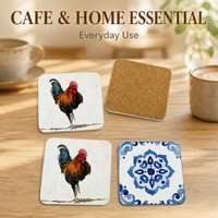 Ensemble de sous-verres imprimés en liège naturel carré avec motif coq et mandala, absorbants, pour tasses et tables, OEM ODM Vente en gros