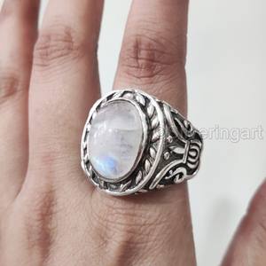 Bague en argent sterling 925 pour homme, motif arabe, avec pierre de lune arc-en-ciel naturelle bleue feu, pierre de naissance de juin, vente en gros - Product Image 4