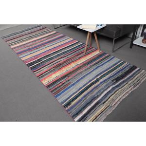 3.9x11.1 ft Vintage Rug, Turkish <b>Runner</b> Rug, Blue <b>Red</b> Abstract Wool Rug - Product Image 2