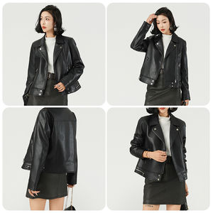 Chaqueta de cuero de Invierno para mujer, traje corto con cuello, transpirable, cremallera para motocicleta, logotipo frontal, nueva colección de otoño, stock al por mayor - Product Image 4