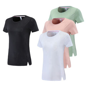 Camiseta de Mujer de Algodón y Poliéster, Manga Corta, Color Sólido Teñido, Cuello Redondo - Product Image 1