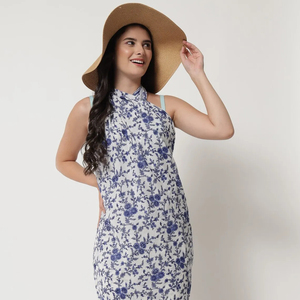 Blue Cotton Sarong Beach Wrap with Buckle/<b>Clip</b> Silk Screen Printed Pareo Dress Summer Swimwear Cover-Up for Women Long Scarf - Product Image 1