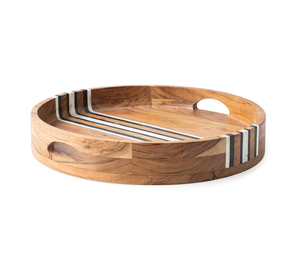 Plateau décoratif rond en bois Raayan International de 14 pouces avec motif de rayures horizontales, personnalisé pour les occasions d'anniversaire - Product Image 1
