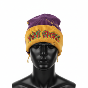 Gorro de gorro para hombre de alta calidad, Material acrílico grueso, doble Color, púrpura, amarillo, logotipo personalizado, diseño bordado, gorro jacquard - Product Image 1