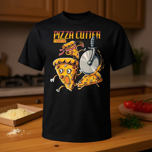 Camiseta divertida con diseño de rebanada de pizza persiguida por una rueda cortadora, regalo para amantes de la comida - Product Image 3