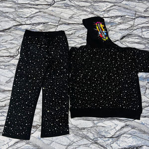 Huili Heavyweight Cotton Sunfaded <b>Washed</b> Rhinestone Hooded Streetwear Two Piece <b>Set</b> Men Custom Logo Printed Hoodie Sweatpants - Product Image 2