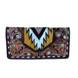 RFID Protected <b>Womens</b> Hand Tooled Genuine Leather <b>Wallet</b> Clutch Trifold <b>Travel</b> Set Snap Closure Nylon Lining Western Vintage - Product Image 1