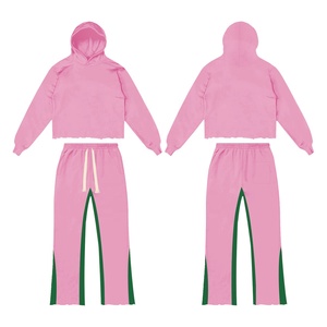 Chándal de retazos con logotipo personalizado de algodón 100%, conjunto de pantalones acampanados de 2 piezas, conjuntos de dos piezas para hombre, Top corto, conjuntos de pantalones de chándal informales para hombre - Product Image 5