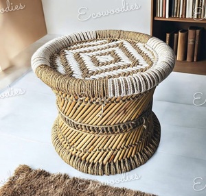 <b>Antique</b> Natural Bamboo Mudda Ottoman Elegant Small Foot Rest <b>Stool</b> Bone Inlay Console Traditional Design Eco-Friendly Bedroom - Product Image 3