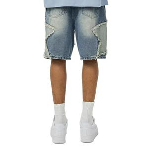 Dobladillo desgastante Azul Lavado Denim Jorts Unisex Stone Faded Applique Personalizar Denim Shorts para hombres - Product Image 4