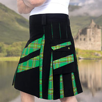Kilt écossais utilitaire pour homme, moderne, hybride, en coton noir, motif tartan vert irlandais à bandes croisées, personnalisé, vente en gros
