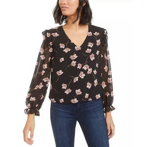 Top da Donna Bar III Autunnale Bohemien con Stampa Floreale, Colletto Arricciato, Vestibilità Ampia, Taglia XL, in Chiffon di Seta Nero Lavorato a Maglia - Product Image 1