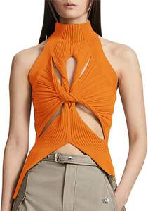 High Quality <b>Women's</b> XS <b>Tank</b> <b>Top</b> Sexy Hollow Twist Front <b>Knitted</b> Vest Lace Short Fitness Solid Shoulder High Neck Cut Sweater - Product Image 5