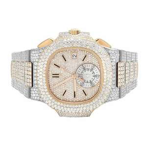 Montre de luxe en acier inoxydable et cuir, entièrement sertie de diamants en moissanite, cadran rond, style hip-hop, pour hommes et femmes, Inde - Product Image 1
