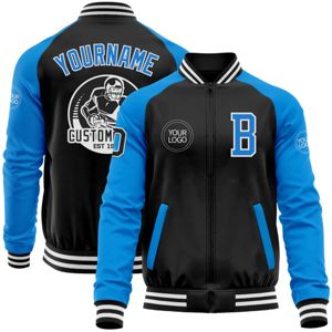 OEM Fabrication sur mesure Blouson bleu poudre noir-blanc Varsity Letterman Blouson zippé deux tons - Product Image 1