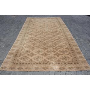 Vintage 6.4x11 ft Oversize Turkish Rug <b>Brown</b> Beige Patchwork <b>Wool</b> Eco-Friendly Latex Backed Rug - Product Image 1