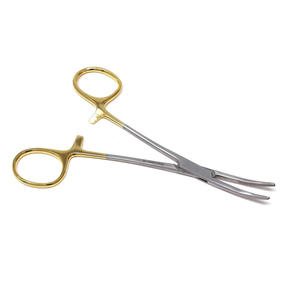 Pinzas Hemostáticas Curvas Kelly de 5.5 Pulgadas, Mango Dorado, Instrumento Quirúrgico Manual de Acero Inoxidable, Ligero, Venta al por Mayor, SHARIF ELAHI - Product Image 1