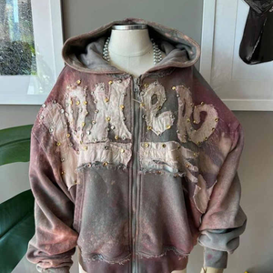 Streetwear Hommes Hiver Boxy Fit Rhinestone 100% Coton Vintage Distressed Custom Zip-Up Patch Cropped Hoodie avec Logo Personnalisé - Product Image 2