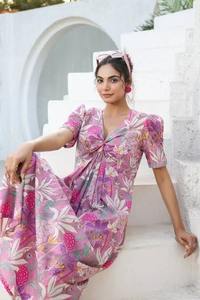 Vestido de algodón con estampado Floral de bloque de mano indio, ropa de verano informal a la moda para mujeres cortas, estilo Vintage con logotipo dulce transpirable - Product Image 3