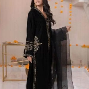 Elegante-Diseñador Velvet Long Kurta Pant Dupatta Crystal Glass Beads Adorno de perlas Natural Lace Party-Wear para 2025 - Product Image 1