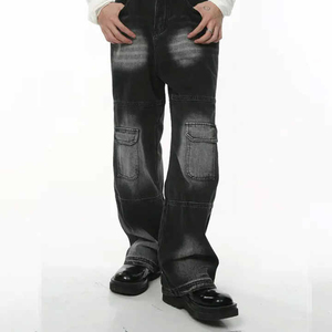 กางเกงยีนส์ขาตรงแบบคลาสสิกสำหรับผู้ชายกางเกงยีนส์100% ผ้าฝ้ายสีดำทรงหลวมสไตล์สตรีท - Product Image 4