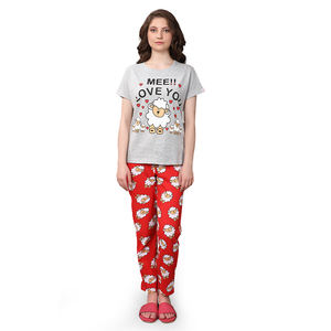 Material de algodón 100% de calidad de larga duración, ropa de dormir para mujer, Conjunto de pijama de dos piezas de media manga de punto para mujer - Product Image 1