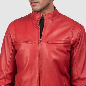 Véritable peau de mouton aniline cuir Biker veste hommes emblématique rouge col montant matelassé Viscose doublure fermeture éclair Logo poches avant hiver - Product Image 5