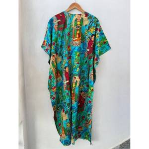 Cotton for <b>Frida</b> <b>Kahlo</b> Kaftan Breathable Indian Maxi <b>Dress</b> in Turquoise Korean Fashion Style One Size Fits All for Day & - Product Image 4