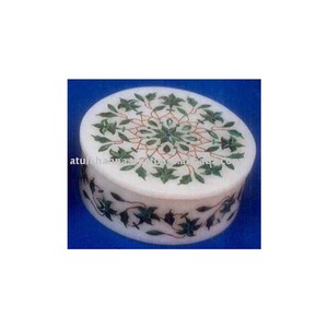 Boîtes de rangement pour bijoux rondes en marbre poli style fleur, artisanat - Product Image 1