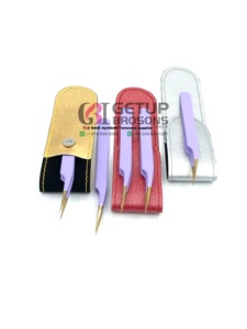 Pince à épiler pour extensions de cils de haute qualité, anti-statique, à pointe dorée, à pointe dentelée, avec revêtement en poudre violette isolante, longueur 10 mm, personnalisable - Product Image 4