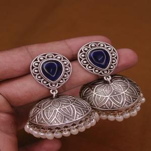 ต่างหู chittai jhumki ฐานทองเหลืองสีเงินดูคล้ายกับหิน monalisa ต่างหูแบบดั้งเดิมของผู้หญิงและเด็กผู้หญิง - Product Image 1