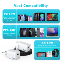 Cargador GaN de 45W PD3.0 USB C, Cargador Tipo C de Carga Rápida, Doble Puerto, Enchufe Universal, Cargador de Pared para iPhone, Samsung, Laptop
