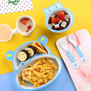 Adorable Ensemble de Vaisselle pour Enfants en Fibre de Bambou Motif Hippopotame de Dessin Animé, 5 Pièces, Comprend Couverts et Baguettes, Design Imprimé pour Repas Bébé et Enfants - Product Image 2