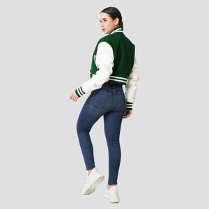 Veste de Baseball en cuir de laine verte pour femmes respirant grande taille hiver basket-ball haut court avec bouton décoration bas quantité minimale de commande - Product Image 4