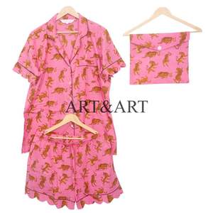 <b>Women's</b> Summer 100% Cotton Soft Luxury Elegant Casual Hand Drawn Print Short Sleeve <b>Pajama</b> Set Sleepwear Breathable Beach Wear - Product Image 6