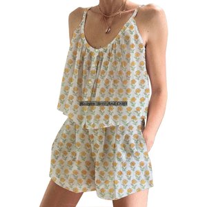 Conjunto de Pijama Corto de Algodón a Rayas para Mujer, Sexy, Primavera/Verano, Floral, Ajustado, con Tirantes, sin Mangas - Product Image 6