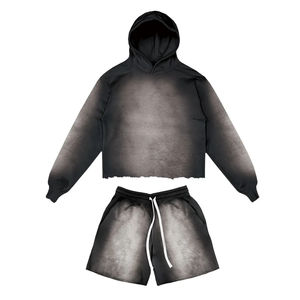 Custom Logo 100% Cotton <b>Fleece</b> <b>Men's</b> Sun Faded Pullover Hoodies And <b>Shorts</b> Set Casual Wear Breathable Design Distressed Hoodie - Product Image 5