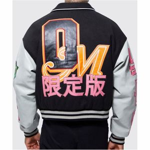 Veste de baseball universitaire pour hommes Coquille en cuir épais en toile imperméable et écologique Patches de corps d'hiver Patchwork - Product Image 3