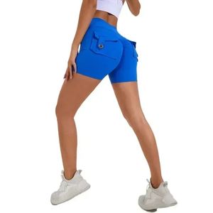 Pantalones cortos deportivos de cintura alta para mujer, pantalones cortos deportivos de verano con bolsillos sin costuras, cintura elástica, pantalones cortos de gimnasio para correr, entrenamiento, baile, cadera, sólido - Product Image 1